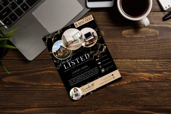 Download Just Listed Flyer Real Estate Black with Beige Details Template - Flyer Collection